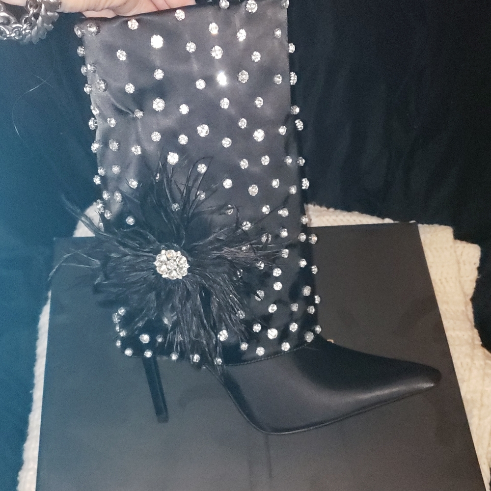 NWT EMBELLISHED BOOTIES WANG BOOTS BNIOB STILETTOS DIAMONDS FEATHERS - Picture 5 of 16